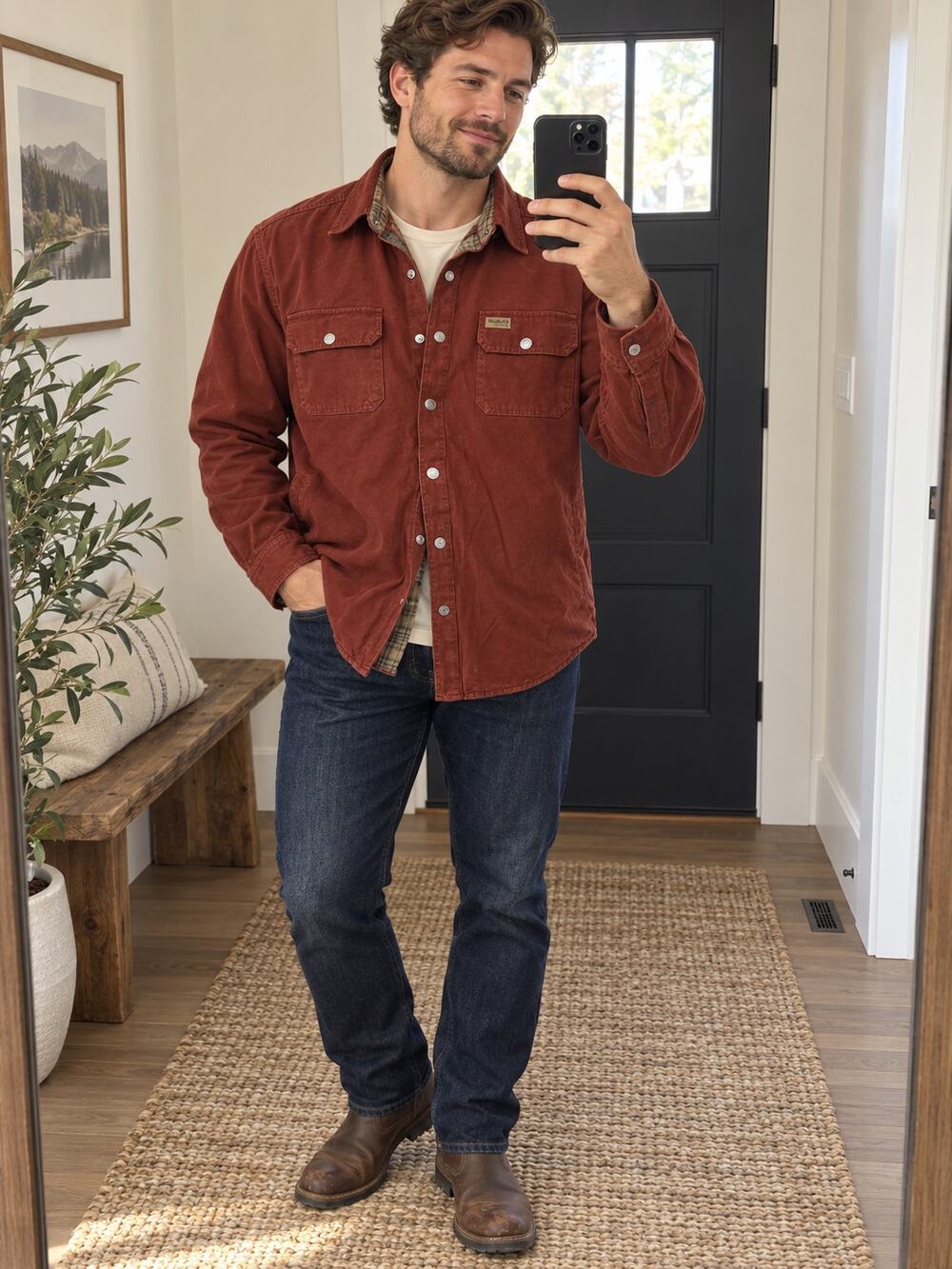 Guide Series Mens M Flannel Lined Shirt Jacket Brick Red Snap Chore Coat Cotton